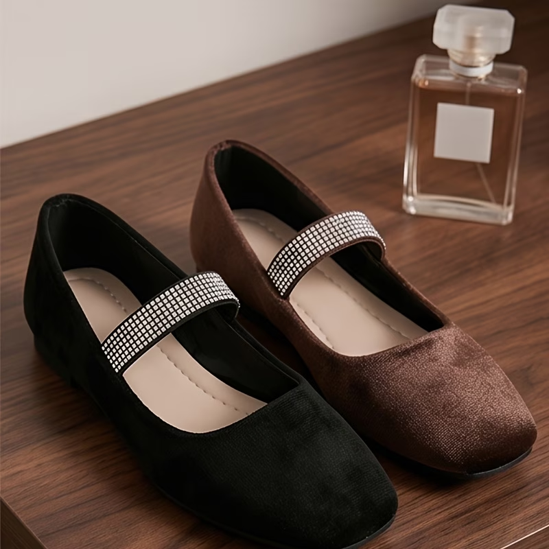 Suede Square Toe Mary Jane Flats with Rhinestone Strap