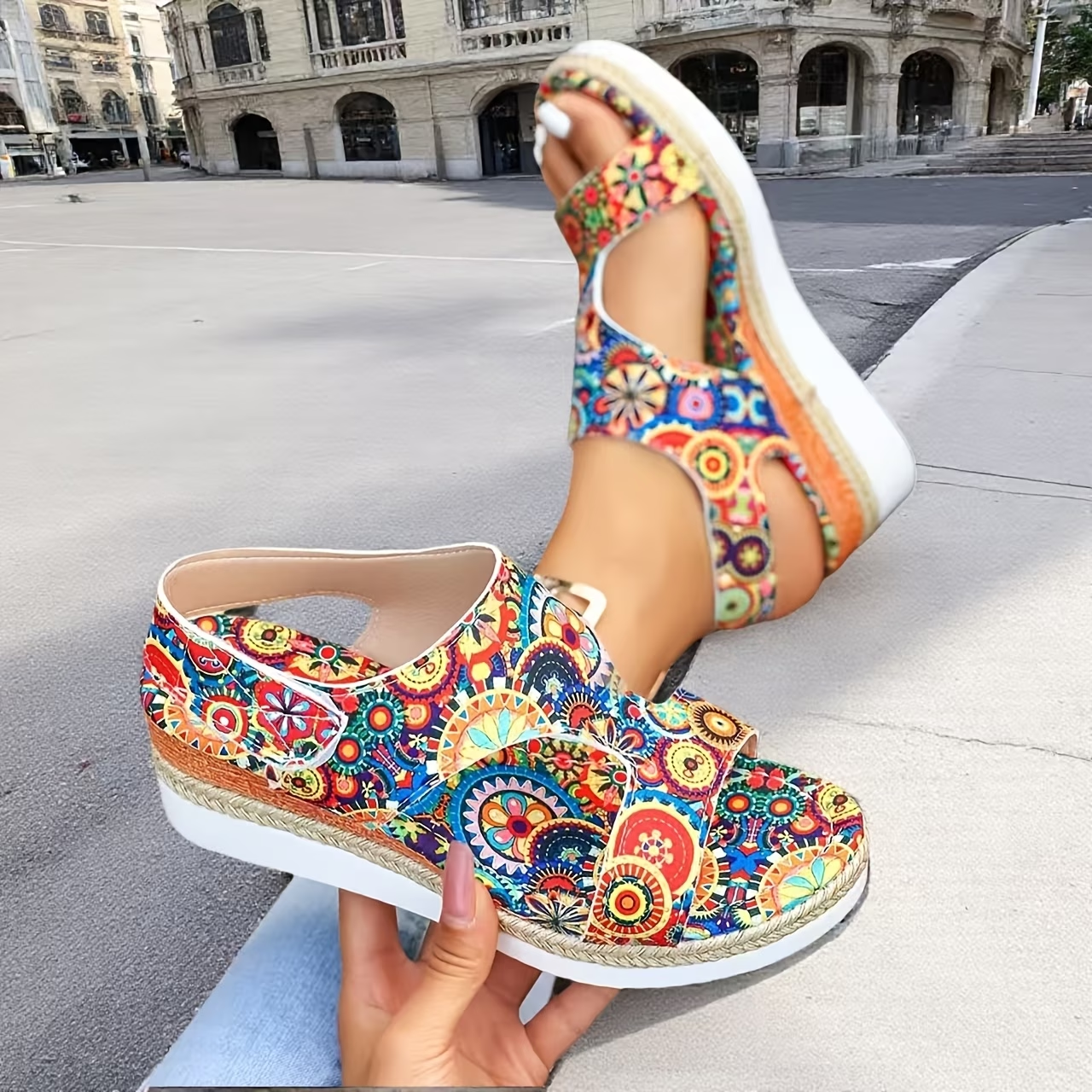 Bohemian Print Wedge Sandals with Espadrille Sole and Adjustable Ankle Strap