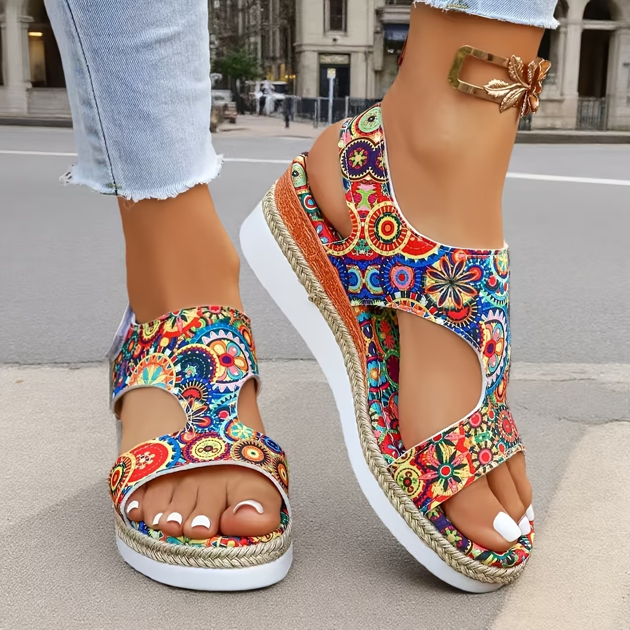 Bohemian Print Wedge Sandals with Espadrille Sole and Adjustable Ankle Strap