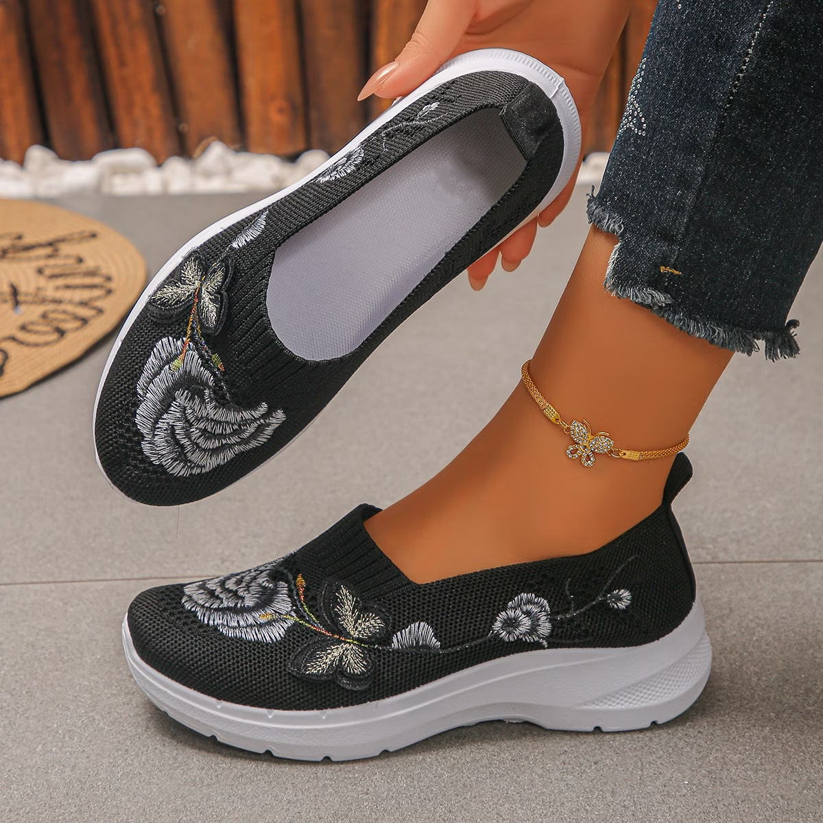 Embroidered Breathable Slip-On Sneakers for Women