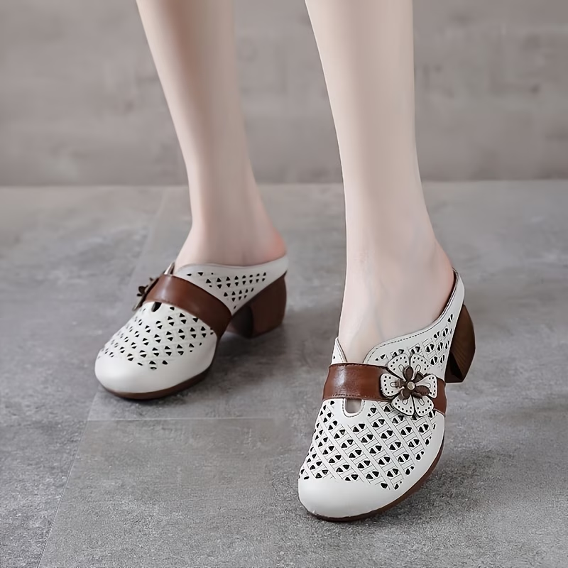 Ethnic Style Hollow Out Block Heel Mule Sandals with Flower Decoration