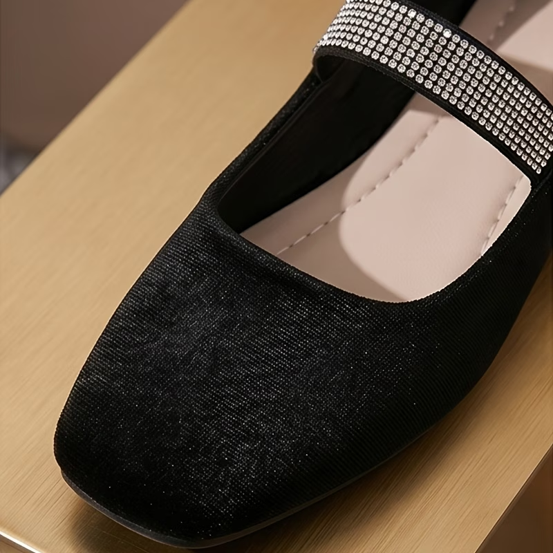 Suede Square Toe Mary Jane Flats with Rhinestone Strap