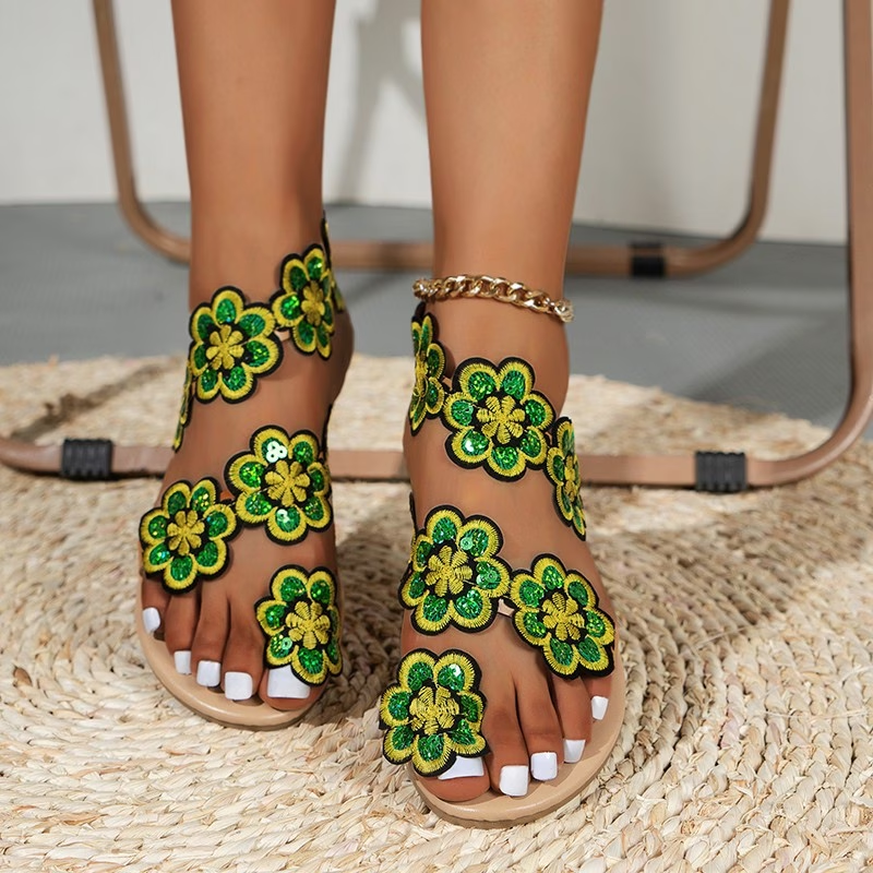 Sequin Flower Embroidered Flat Sandals