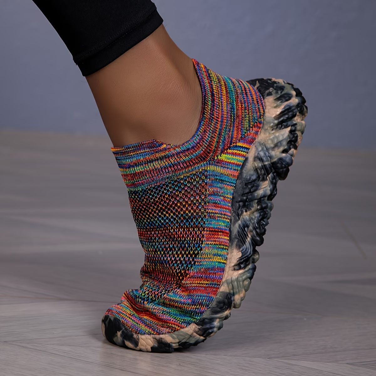 Colorful Knit Slip On Sock Sneakers With Textured Sole