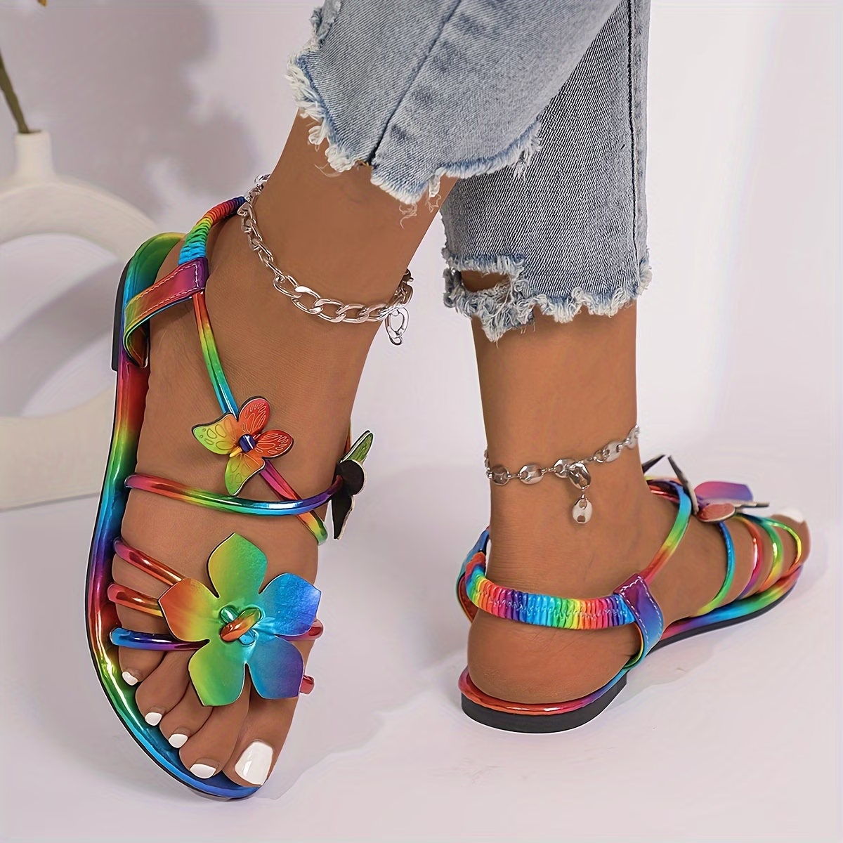 Iridescent Butterfly Applique Flat Sandals