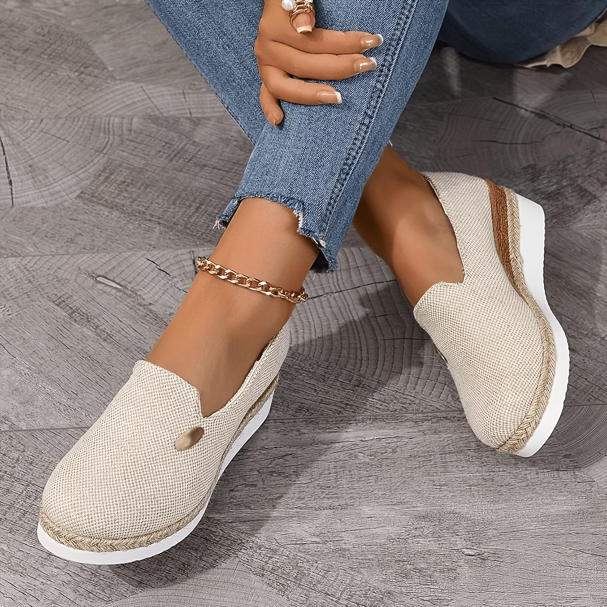 Canvas Espadrille Wedge Slip Ons with Braided Jute Sole