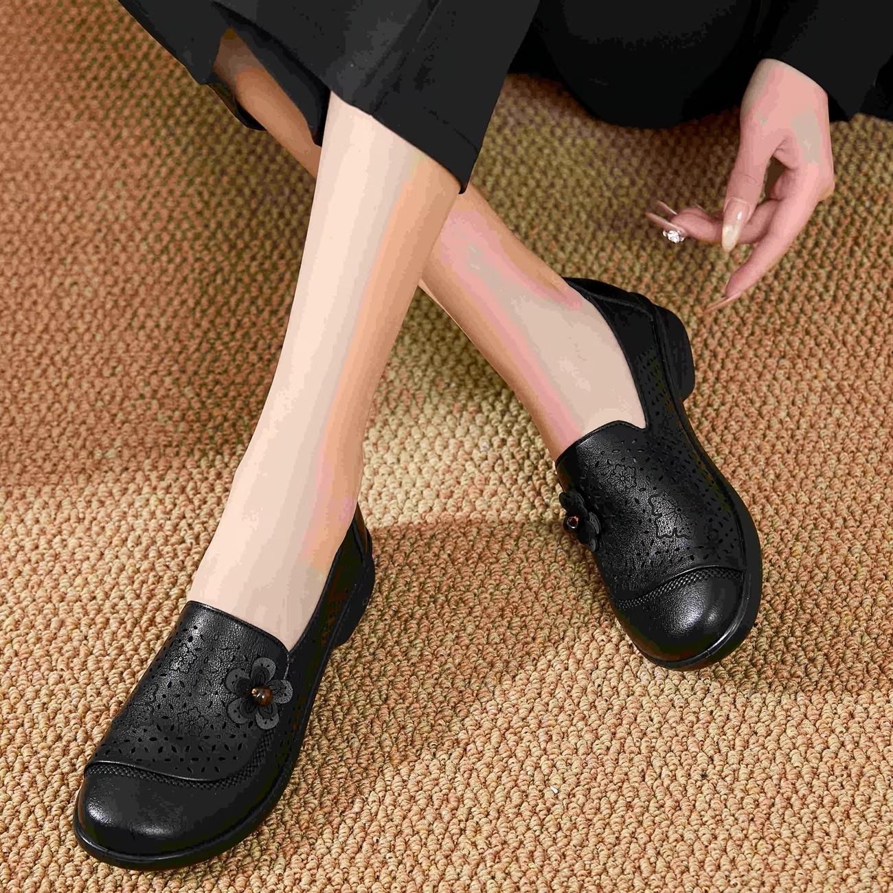 Floral Embellished Perforated Slip-On Loafers with Soft Cushioned Sole