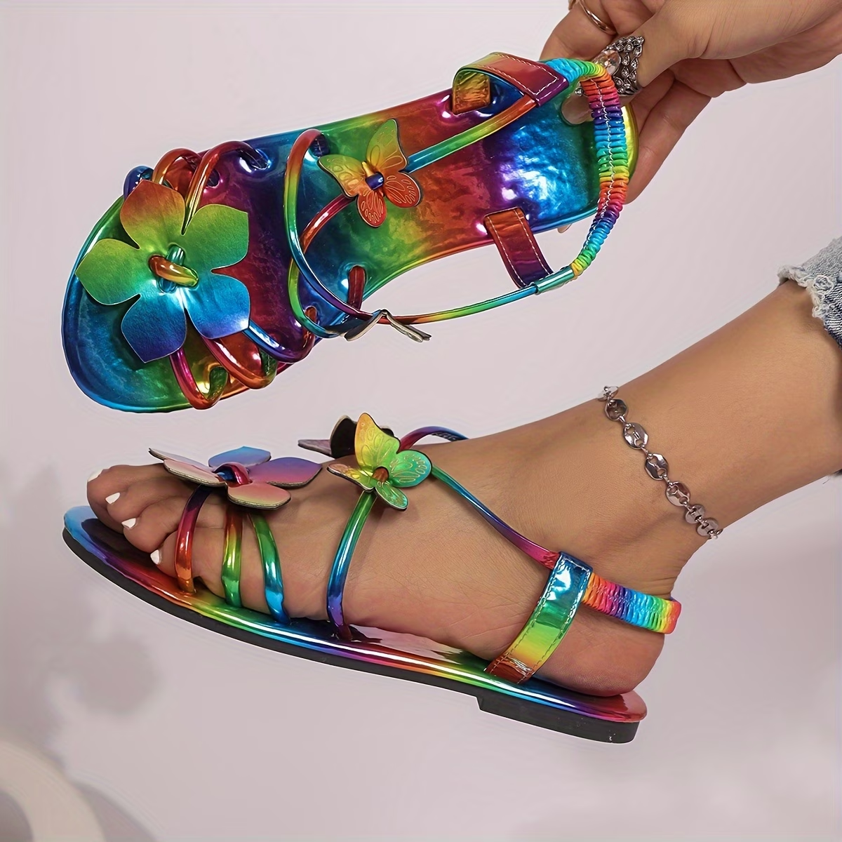 Iridescent Butterfly Applique Flat Sandals