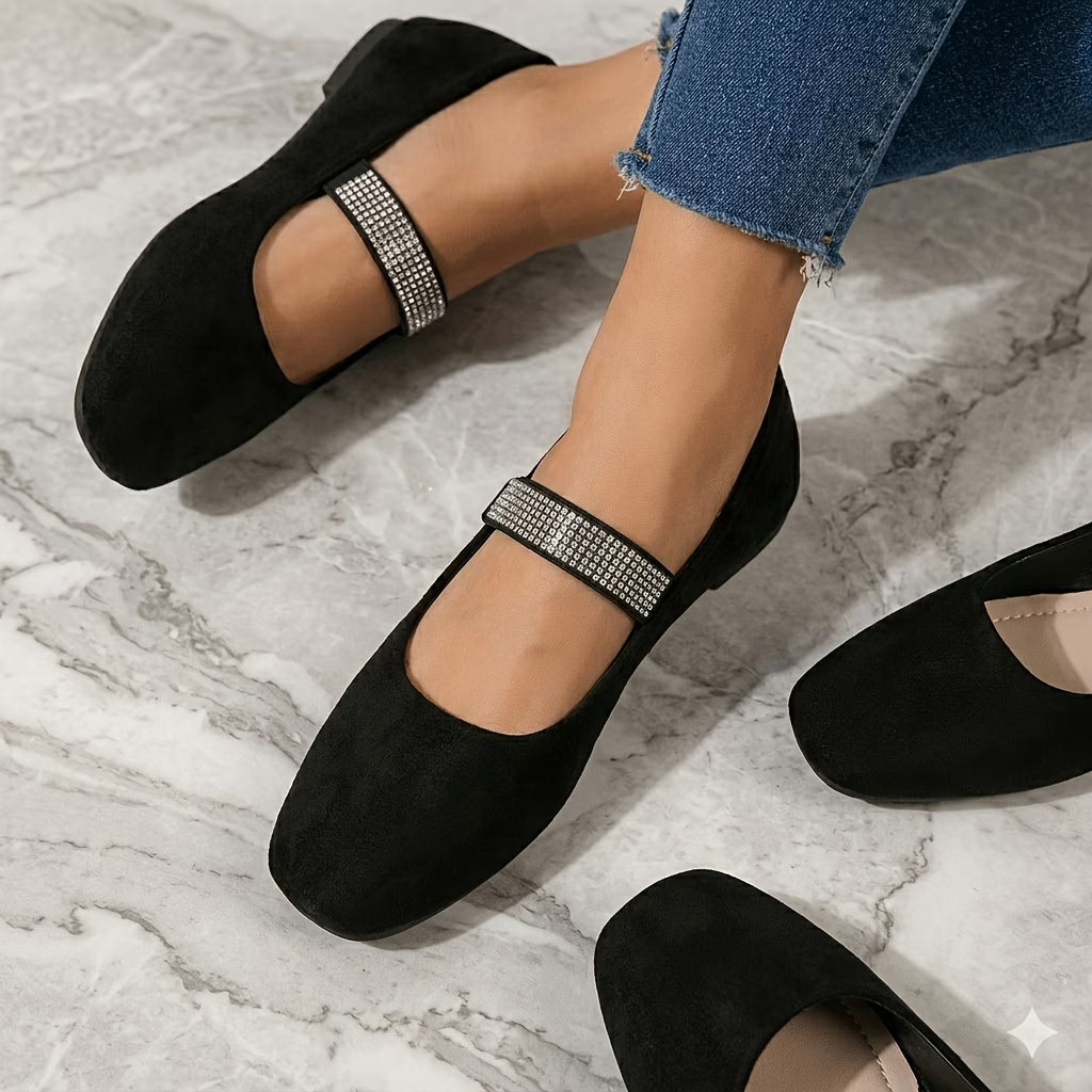 Suede Square Toe Mary Jane Flats with Rhinestone Strap