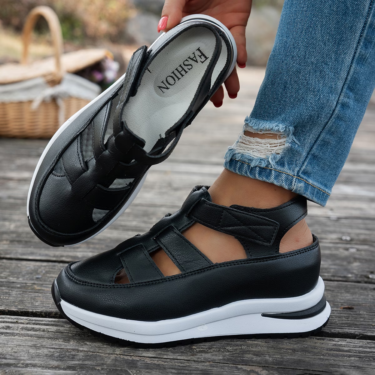 Platform Sandals with Velcro Straps and Hollow Cutout Design for Breathable Comfort
