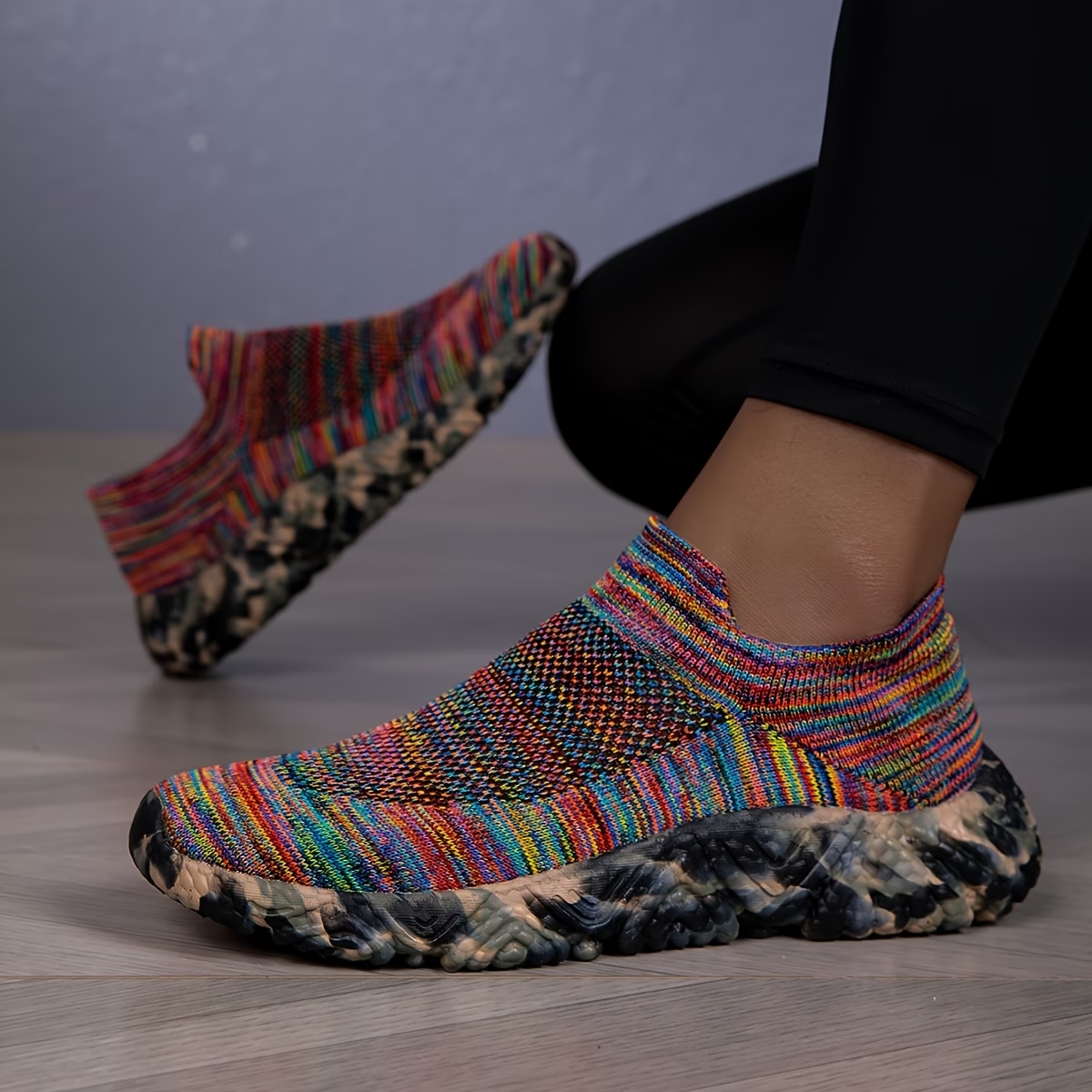 Colorful Knit Slip On Sock Sneakers With Textured Sole