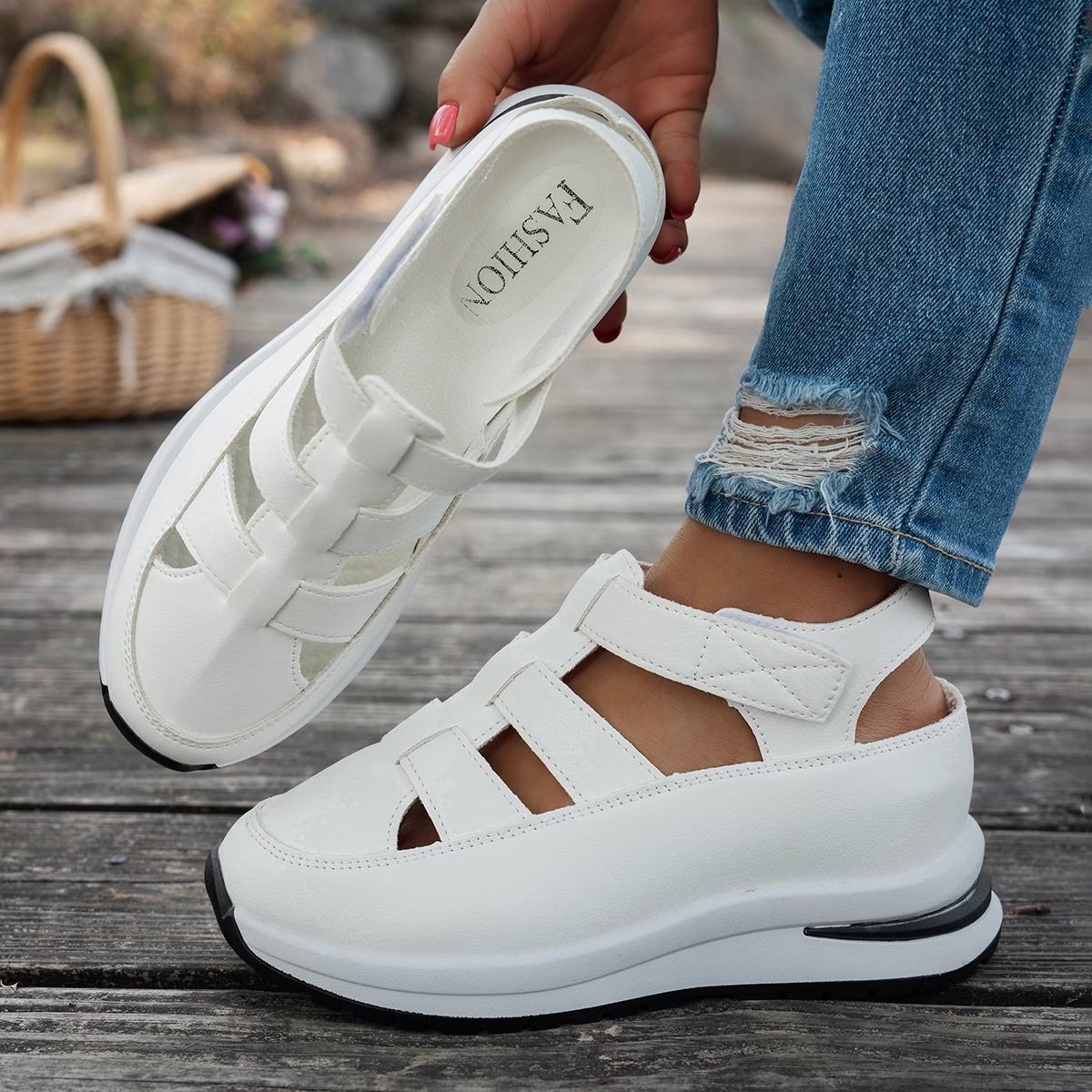 Platform Sandals with Velcro Straps and Hollow Cutout Design for Breathable Comfort