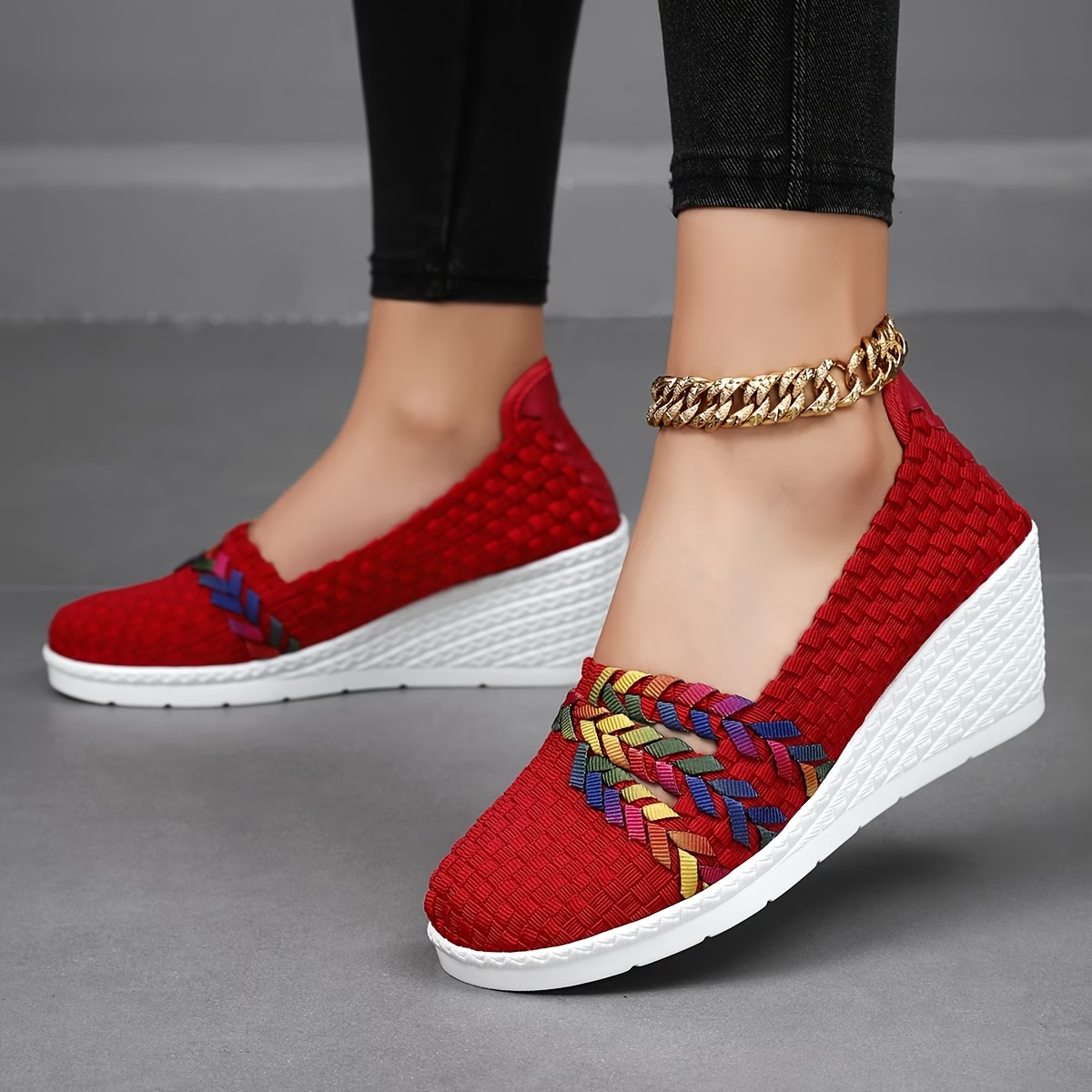 Woven Slip On Wedge Flats with Braided Detail and Lightweight Sole