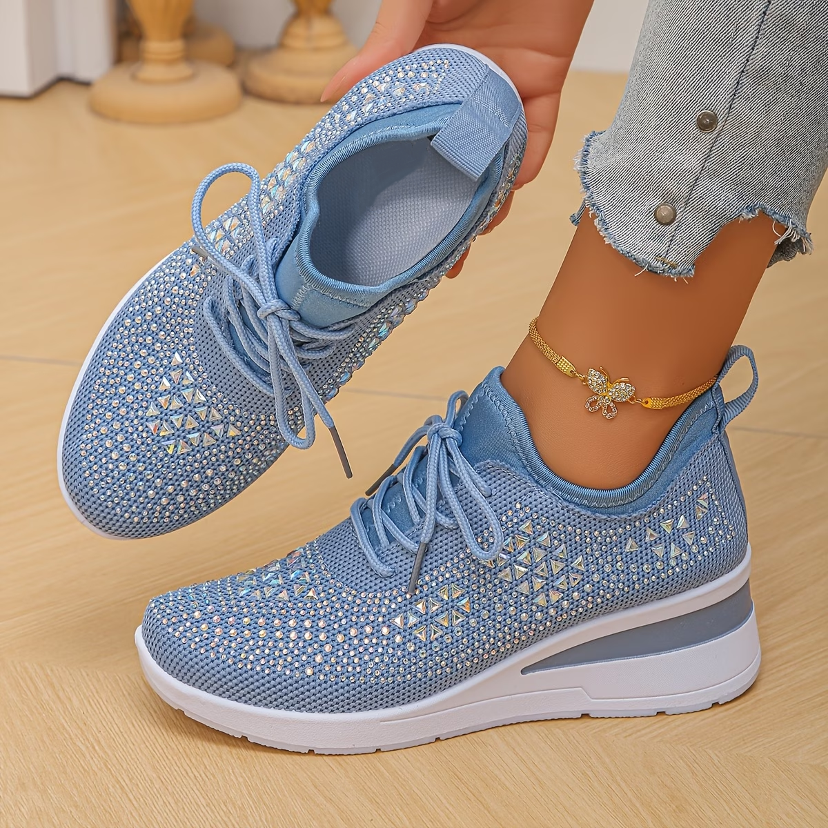 Rhinestone Mesh Lace Up Sneakers