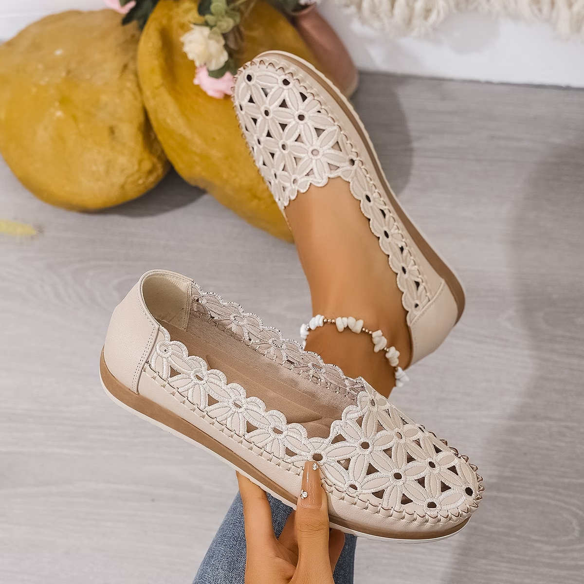 Floral Cutout Slip-On Flats with Soft Cushioned Sole and Breathable Design