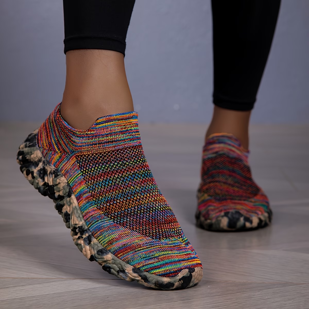 Colorful Knit Slip On Sock Sneakers With Textured Sole