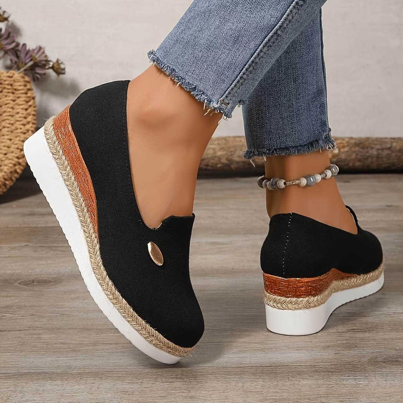 Canvas Espadrille Wedge Slip Ons with Braided Jute Sole