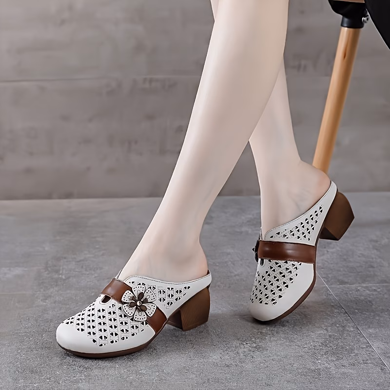 chunky heel hollow out womens 2025 summer vintage toe post women shoes ethnic style breathable mommy shoes Product details 2