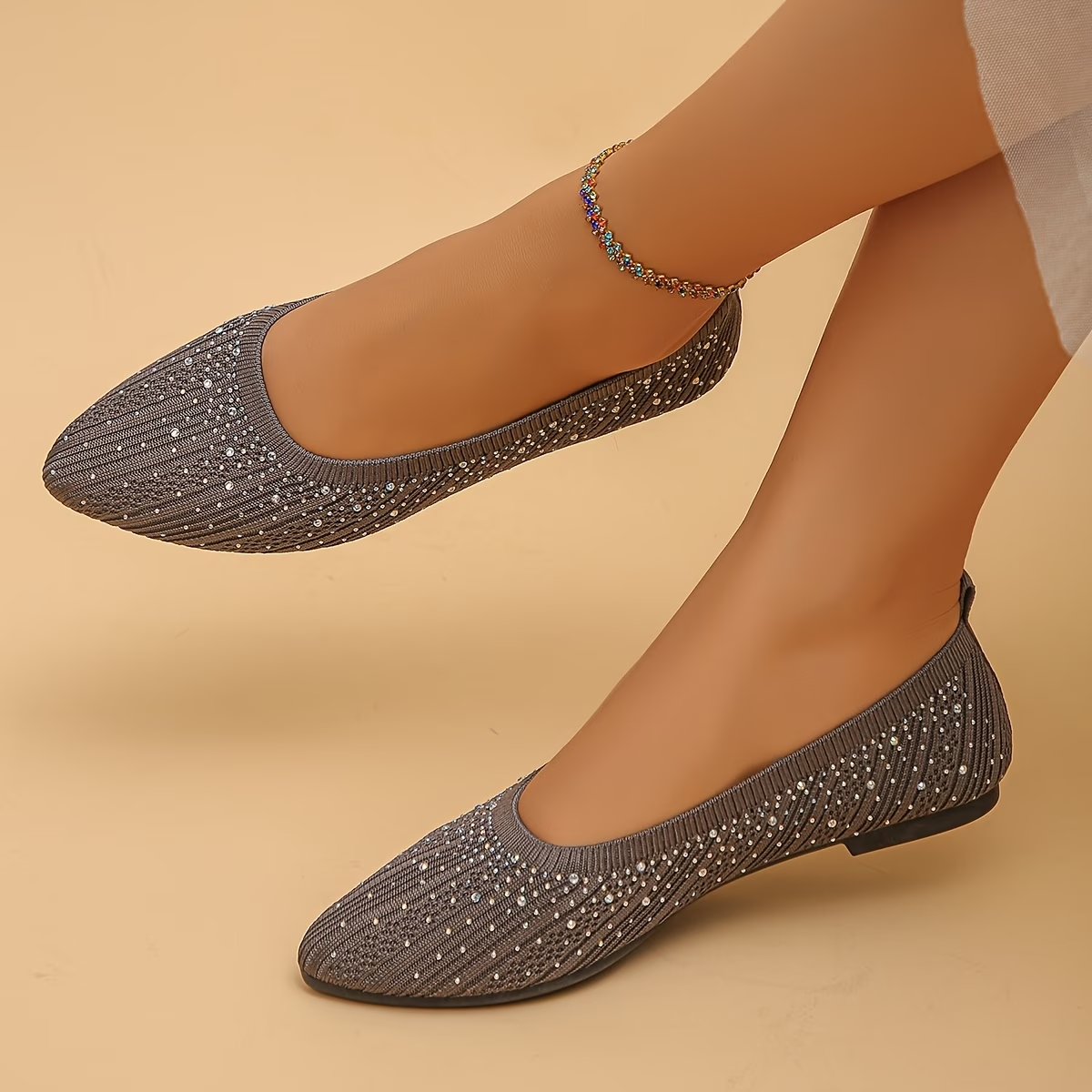 Rhinestone Embellished Pointed Toe Slip-On Flats with Knit Upper