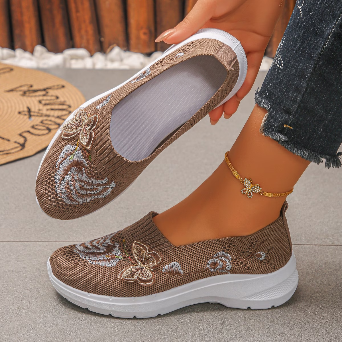 Embroidered Breathable Slip-On Sneakers for Women