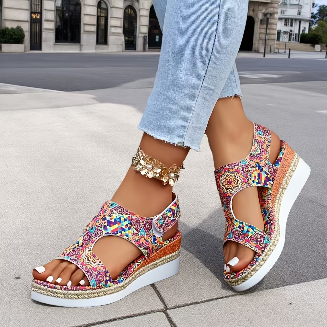 Bohemian Print Wedge Sandals with Espadrille Sole and Adjustable Ankle Strap