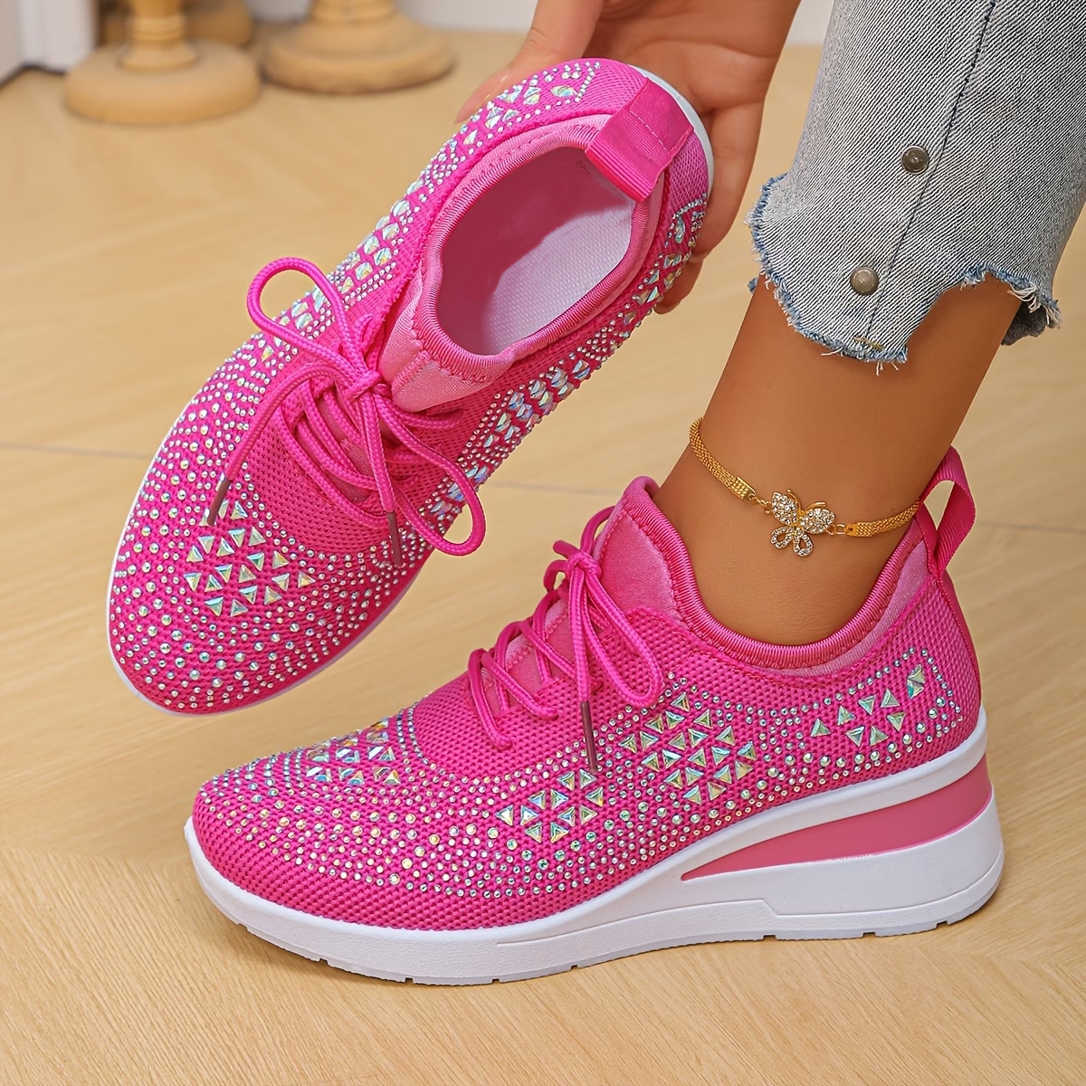 Rhinestone Mesh Lace Up Sneakers