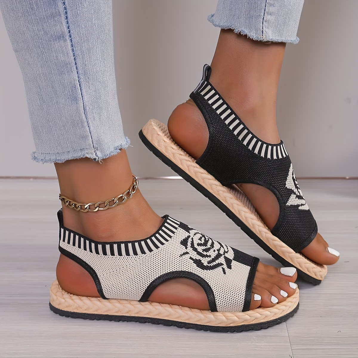 Knit Rose Pattern Espadrille Wedge Sandals