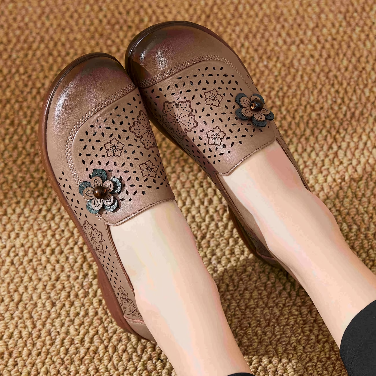 Floral Embellished Perforated Slip-On Loafers with Soft Cushioned Sole