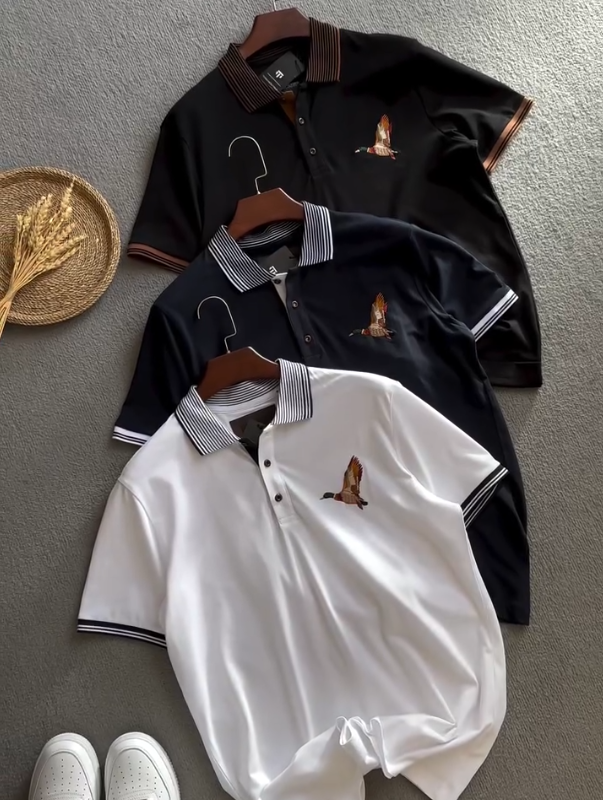 Embroidered Bird Polo Shirt Contrast Collar Classic Fit
