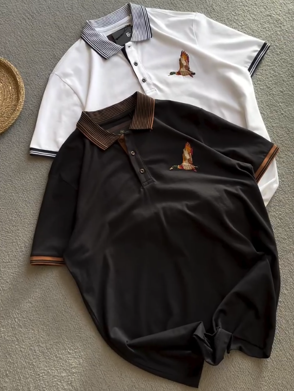 Embroidered Bird Polo Shirt Contrast Collar Classic Fit