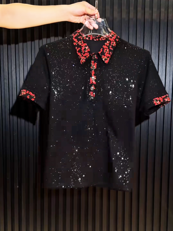 Starry Night Embellished Polo Shirt Floral Collar Detail