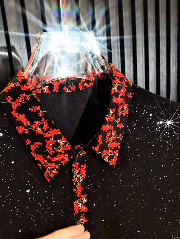 Starry Night Embellished Polo Shirt Floral Collar Detail