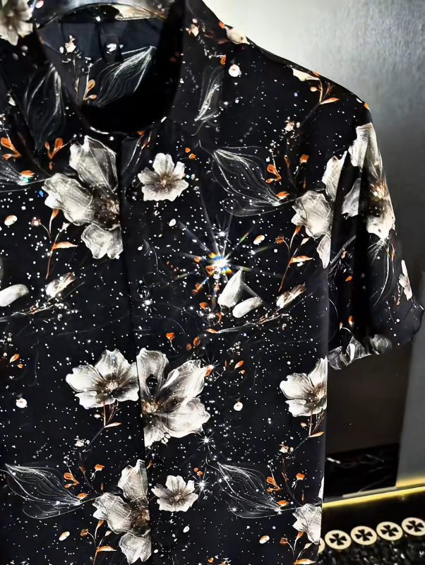 Midnight Bloom Short Sleeve Shirt Artistic Floral Print