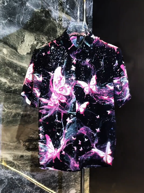 Cosmic Butterfly Print Short Sleeve Shirt Artistic Night Sky Design