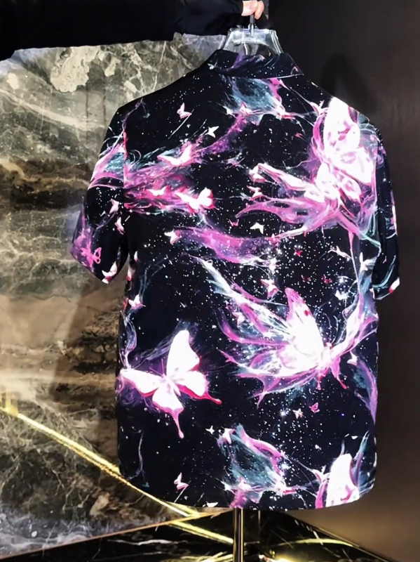 Cosmic Butterfly Print Short Sleeve Shirt Artistic Night Sky Design