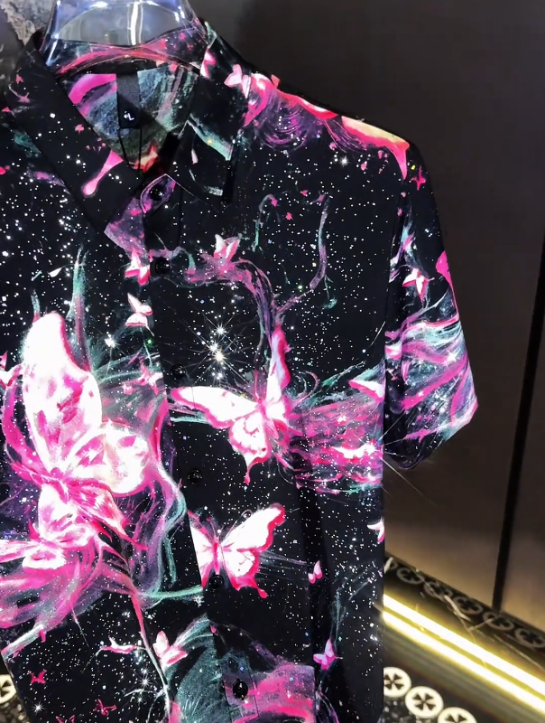 Cosmic Butterfly Print Short Sleeve Shirt Artistic Night Sky Design