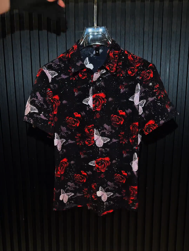 Midnight Rose And Butterfly Short Sleeve Shirt Artistic Floral Print