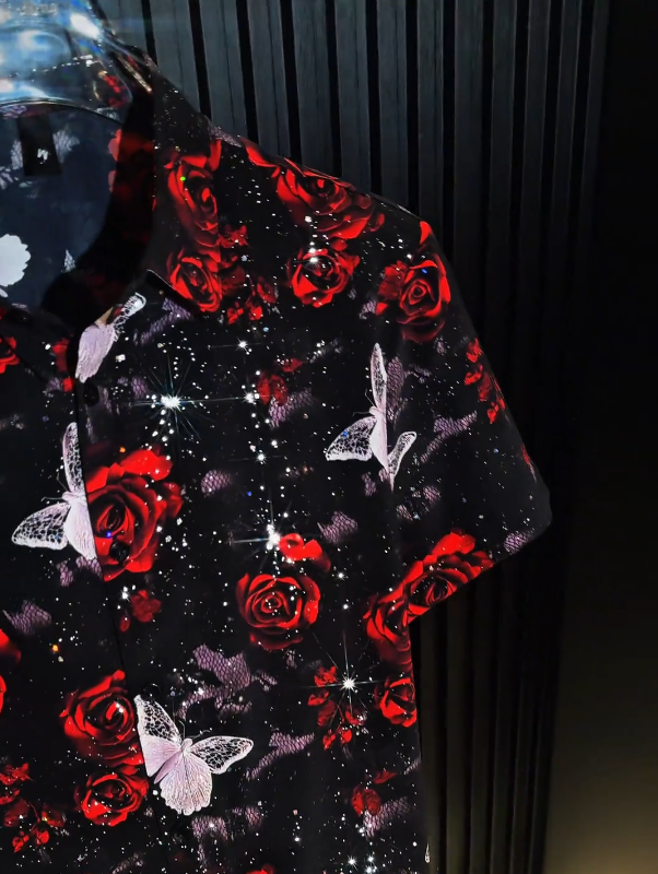 Midnight Rose And Butterfly Short Sleeve Shirt Artistic Floral Print