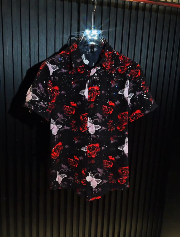 Midnight Rose And Butterfly Short Sleeve Shirt Artistic Floral Print