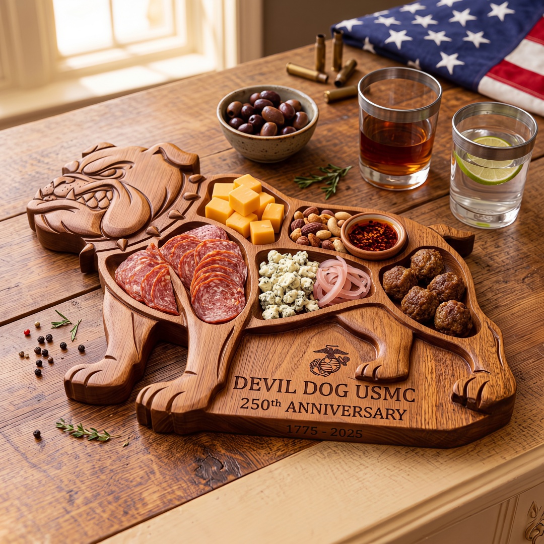 🐶 USMC Devil Dog 250th Anniversary Wooden Charcuterie Board