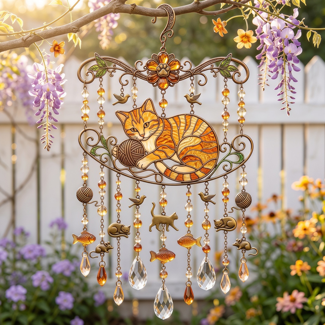 Cat Stained Glass Suncatcher Wind Chime – For Cat Lovers & Pet Owners