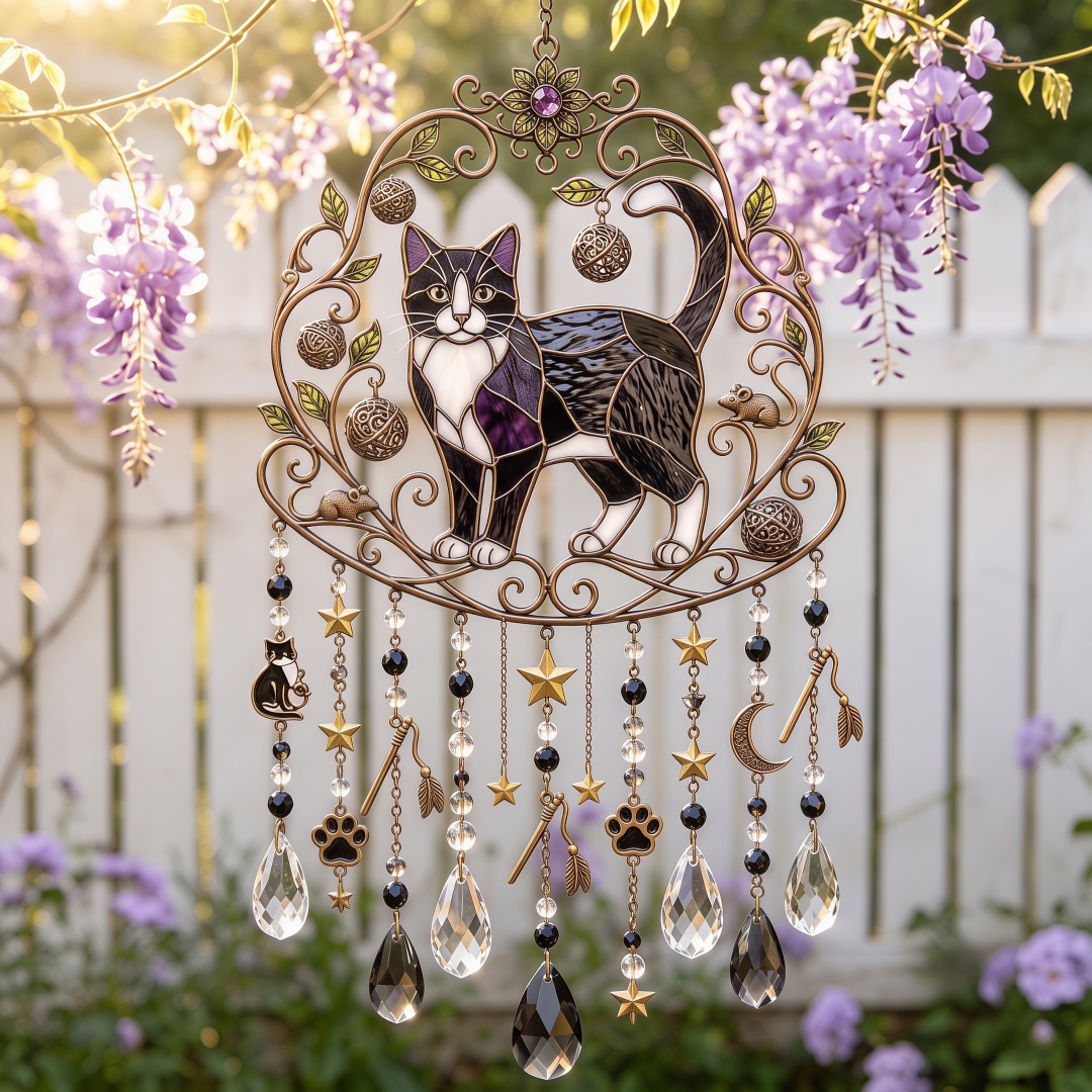 Cat Stained Glass Suncatcher Wind Chime – For Cat Lovers & Pet Owners