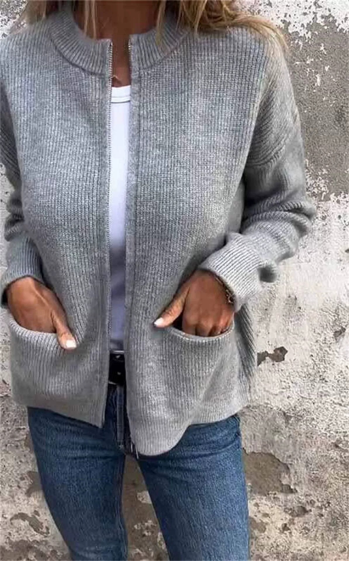 Women Zip‑Up Knit Cardigan, Casual Fall Winter Jacket With Pockets