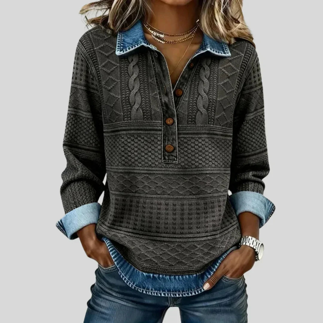Women’s Vintage Cable Knit Collared Pullover Relaxed Long Sleeve Sweater