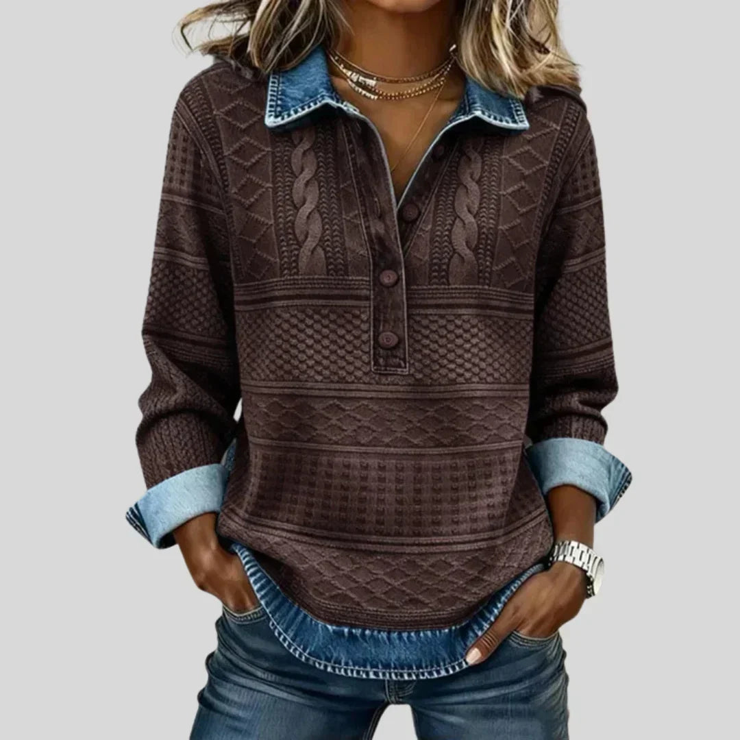 Women’s Vintage Cable Knit Collared Pullover Relaxed Long Sleeve Sweater