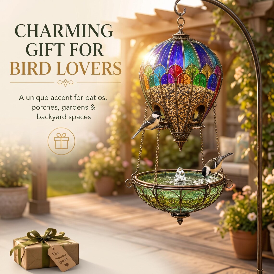 Hanging balloon bird feeder presented as a garden gift for bird lovers