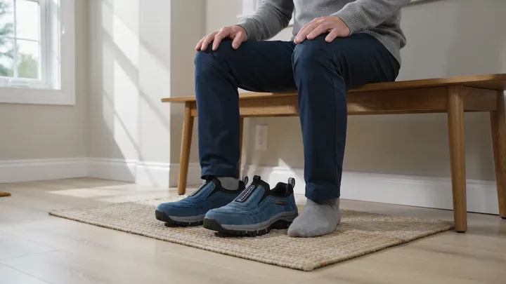 A middle-aged person sitting on the edge of the bed, rubbing their soles in visible pain