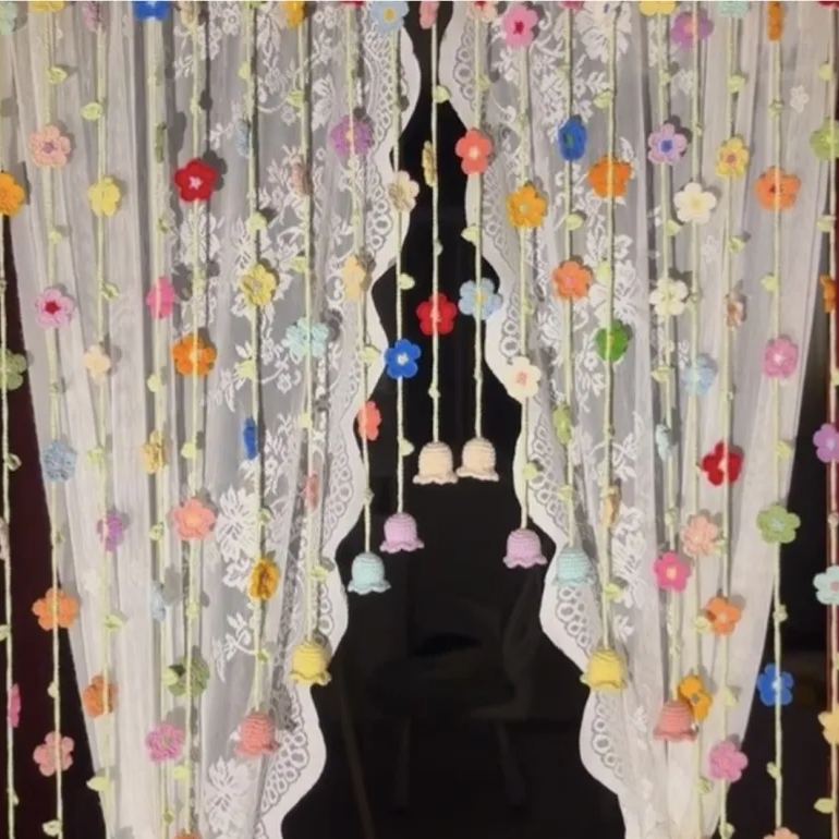 Ready-to-Hang Handmade Crochet Flower Curtain 