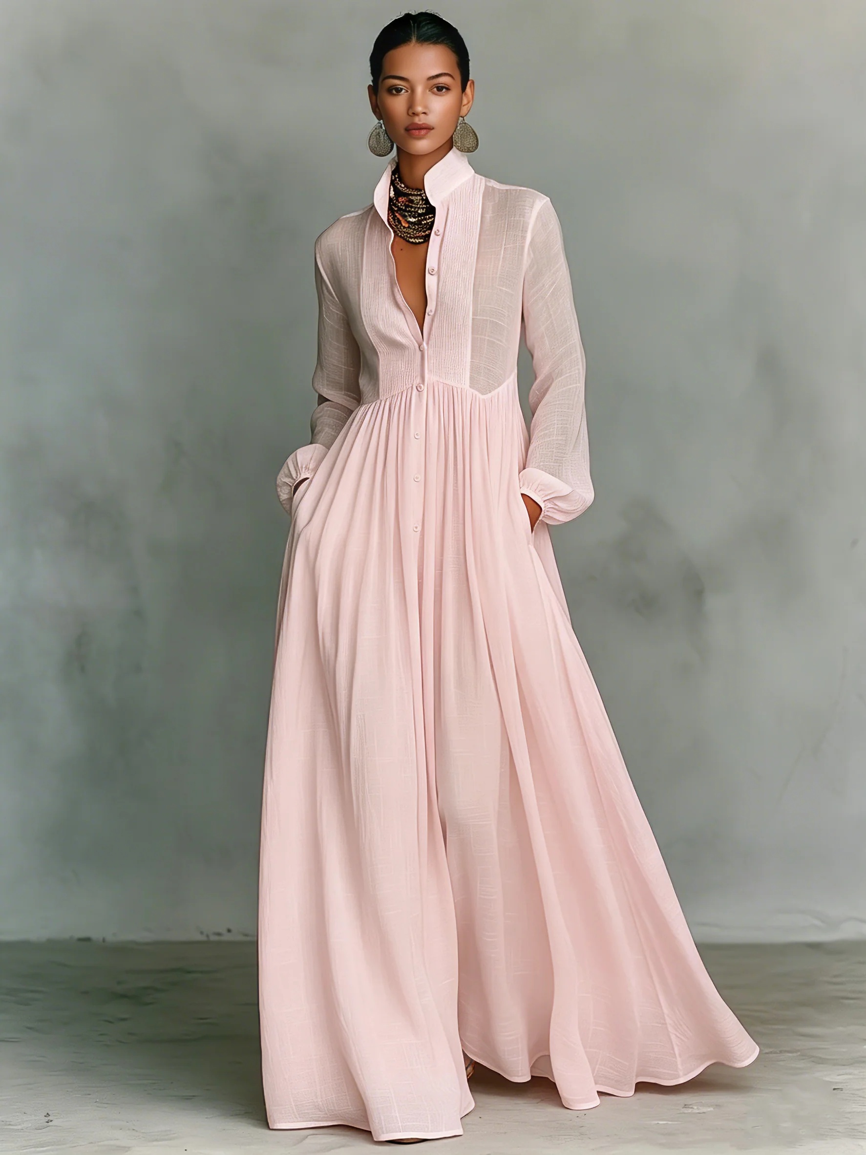 Women's Minimalist Cotton And Linen Patchwork Single-breasted Stand-up Collar Long-sleeved Maxi Dress