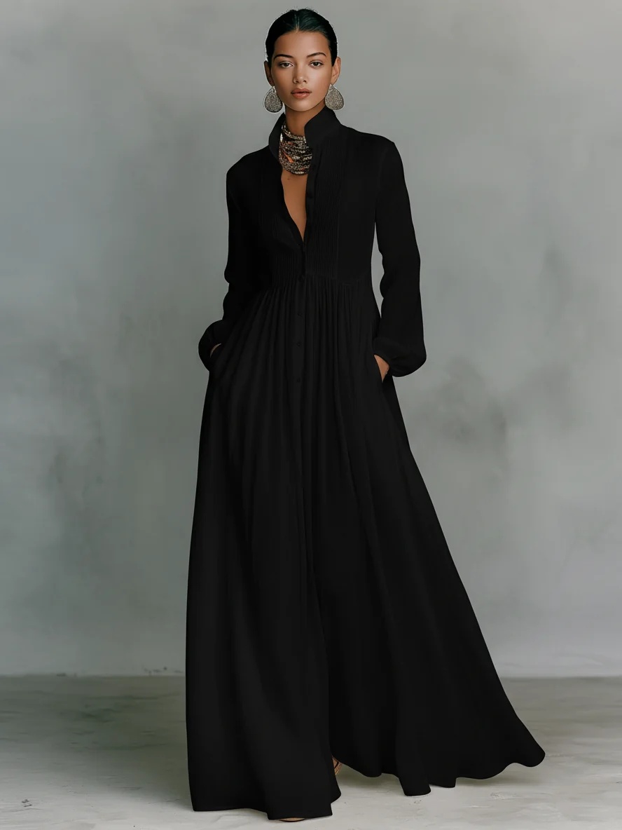 Women's Minimalist Cotton And Linen Patchwork Single-breasted Stand-up Collar Long-sleeved Maxi Dress